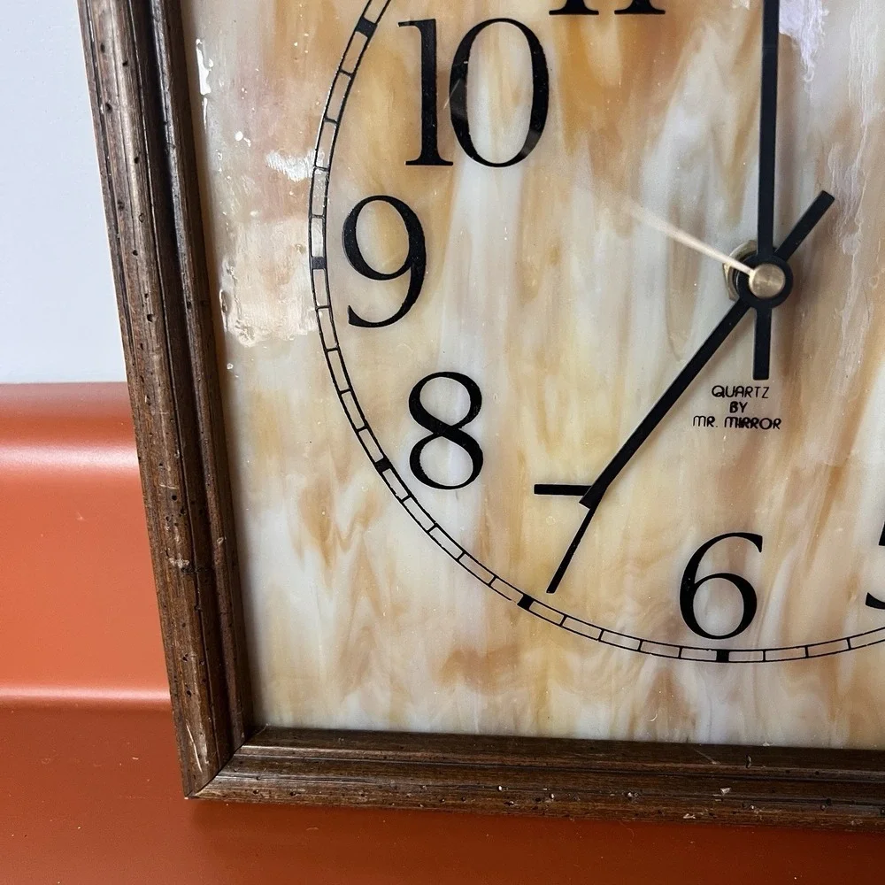 VNTG Mr. Mirror Slag Glass Mid Century Square Wall Clock‎ MCM Wood Frame Works